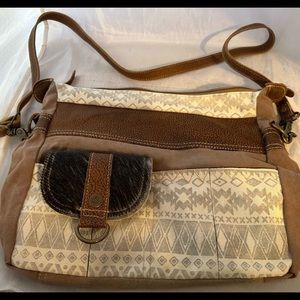 SOLD 🌺 Myra Bag Tribe Strip Upcycled Canvas & Leather Bag